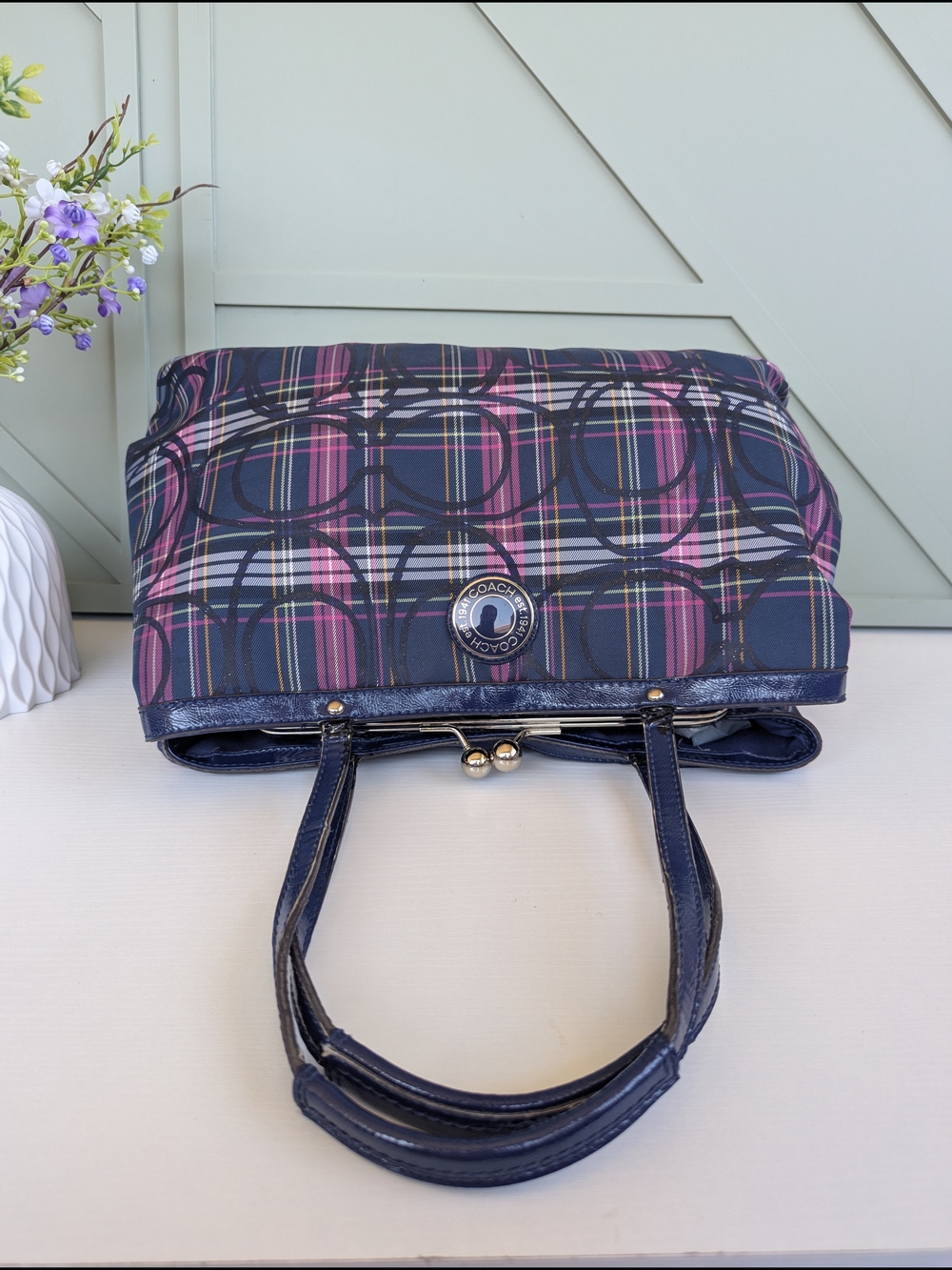 Coach Navy Plaid Tote with Pink and White Accents - Picture 10 of 14